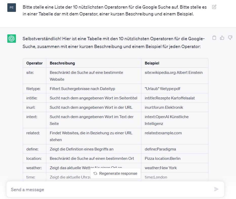 ChatGPT Beispiel für Content Writer: Inhalte in Tabellenform erstellen lassen.