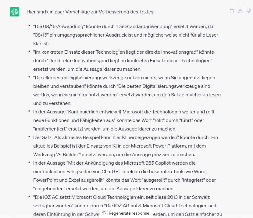Konkretes Anwendungsbeispiel von ChatGPT: Texte kontrollieren lassen und sich Verbesserungsvorschläge geben lassen