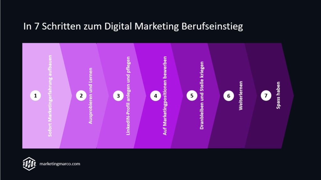 Grafik mit 7 Schritten zur Digital Marketing Karriere