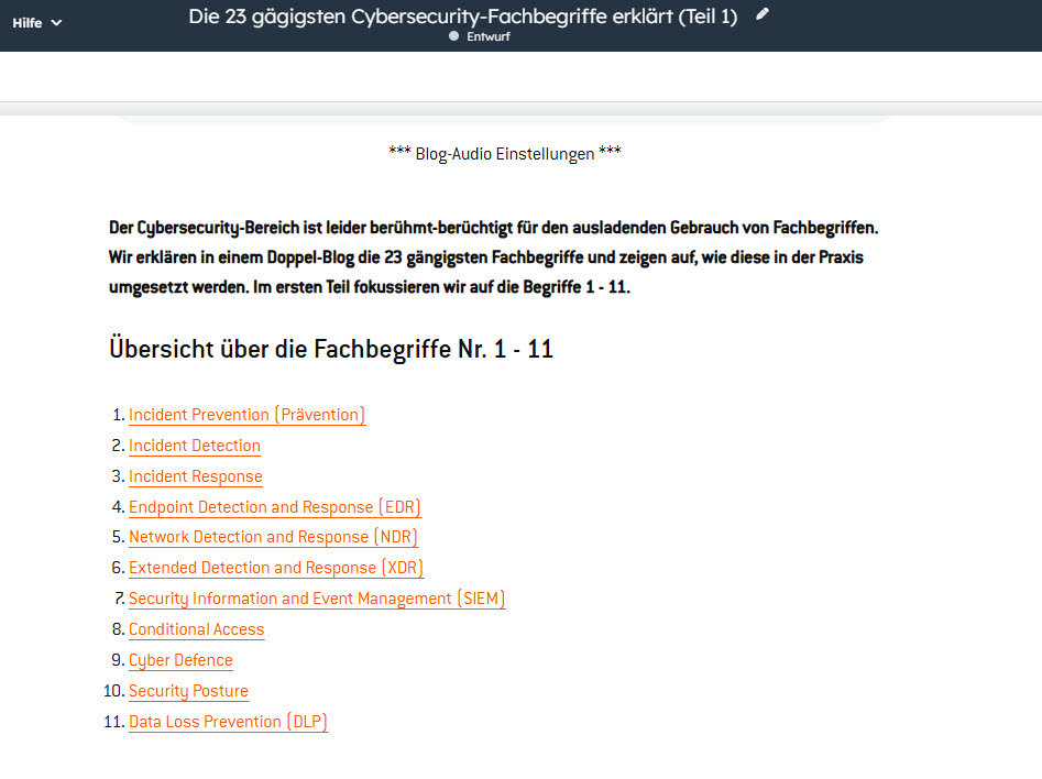 Screenshot aus HubSpot Blogbeitrag: Nacktes Inhaltsverzeichnis ohne Design, einfach nur als normale Liste ohne klickbare Links