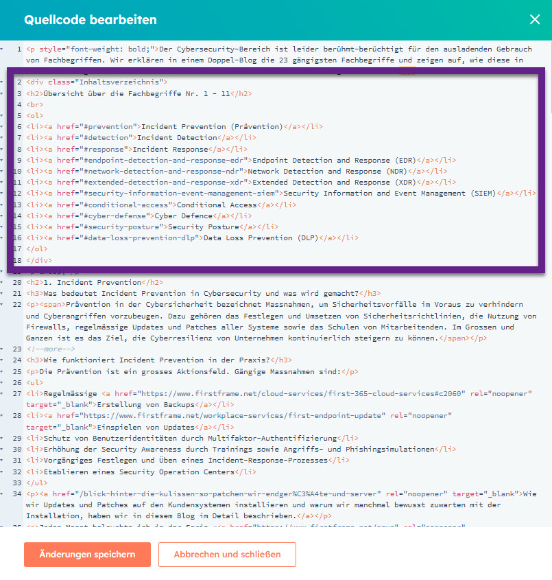 Screenshot aus HubSpot Blogbeitrag: HTML des Inhaltsverzeichnisses