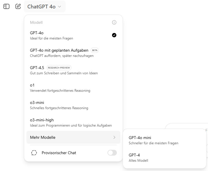 Screenshot aus ChatGPT Plus: Dropdown mit Modellen GPT-4o, 4.5, o1, o3-mini, o3-mini-high
