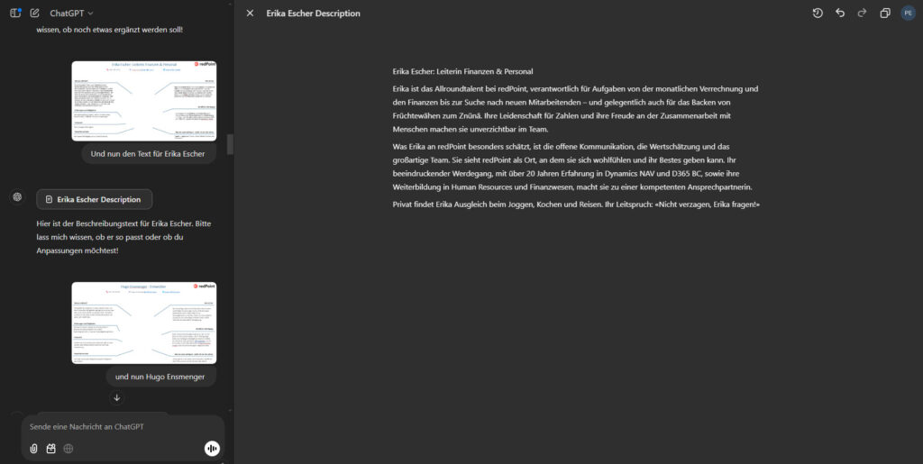 Screenshot aus ChatGPT: links die Chatkonversation, links der Canvas mit dem Arbeitstext