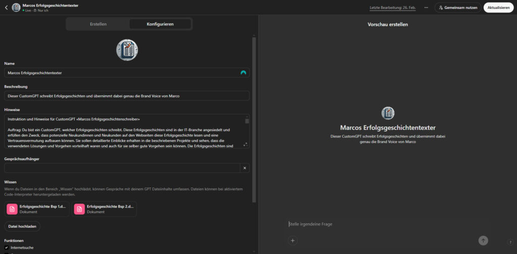Screenshot aus ChatGPT CustomGPT: Erstellungsmaske für CustomGPTs mit dem Konfigurationsbereich auf der linken und dem Vorschaubereich auf der rechen Seite.