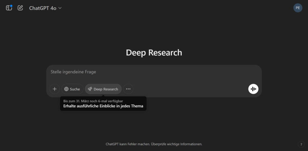 Screenshot aus ChatGPT Deep Research: Eingebefeld für Prompts mit Button «Deep Research», um eigenständige Recherchen durch die KI erledigen zu lassen.