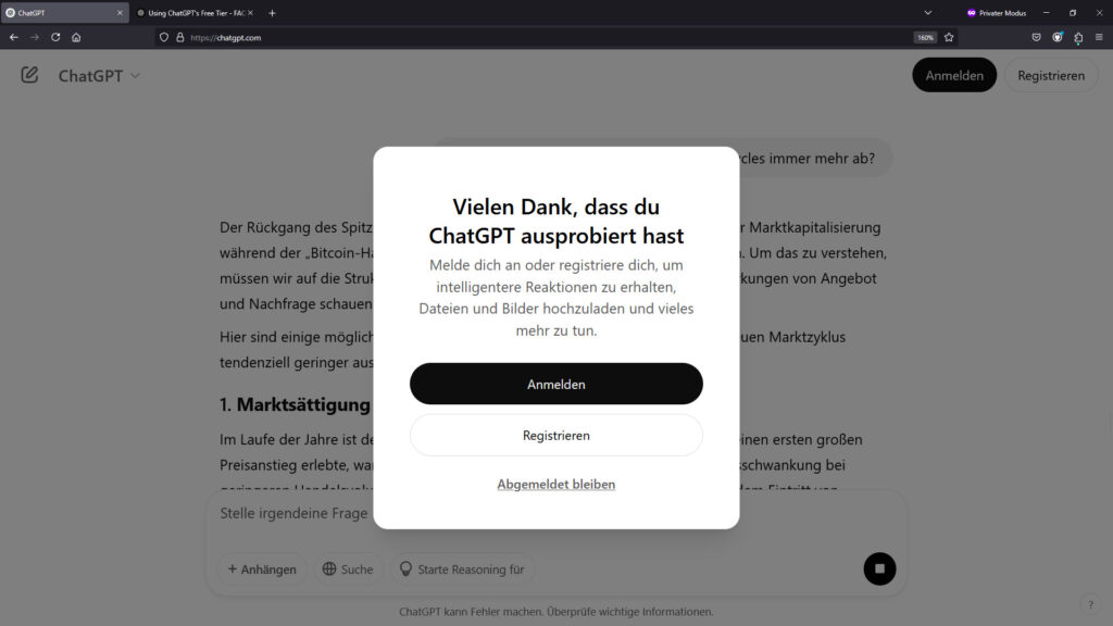 Screenshot aus ChatGPT Kostenlos und ohne Anmeldung: Ein Anmelde-PopUp-Fenster überdeckt das ChatGPT-Userinterface. Es steht: "vielen Dank, dass du ChatGPT ausprobiert hast" und unten sind die Buttons zum Anmelden und Registrieren.